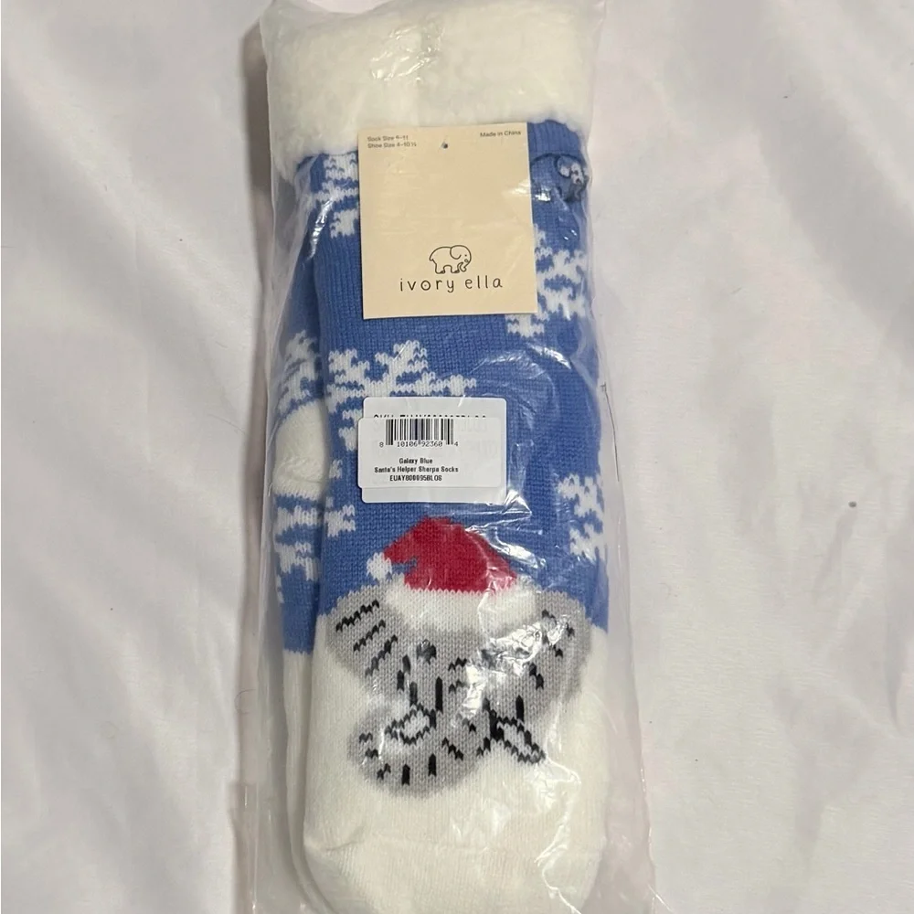 Ivory Ella Santa’s Helper Sherpa Socks Blue Christmas Elephant NWT